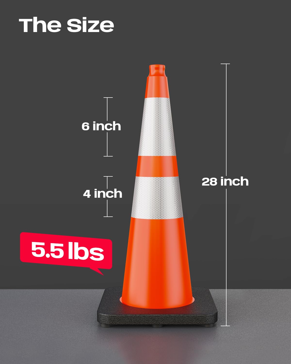 BATTIFE 28 Inch Traffic Cones with Black Weighted Base, PVC Orange Safety Cones for Traffic Control, Construction Events, Driveways, and Parking Lots (6 Pack)