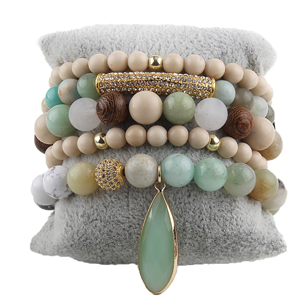 Yomisa Boho Beaded Bracelets for Women,Multilayer Wrap 5PCS Healing Natural Stone Agate Bead Bracelets Handmade Stackable Friendship Stretchy Beaded Bracelet Set Trendy Bohemian Jewelry Gift for Women
