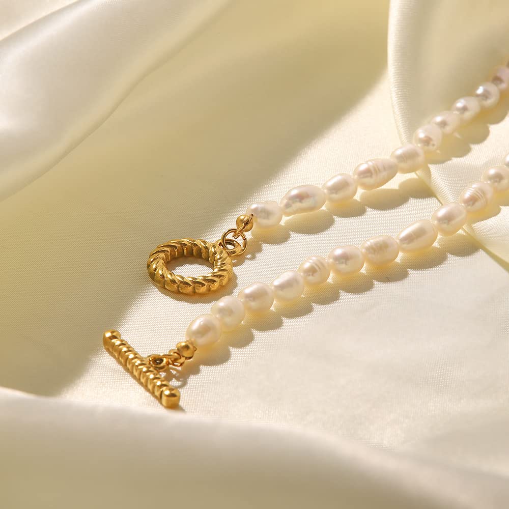 14K Gold Pearl Clavicle Necklace, OT Buckle Freshwater Pearl Beaded Necklace, Beautiful Women's Day, Birthday Gift for Wife,Girlfriend (style two, 14K)