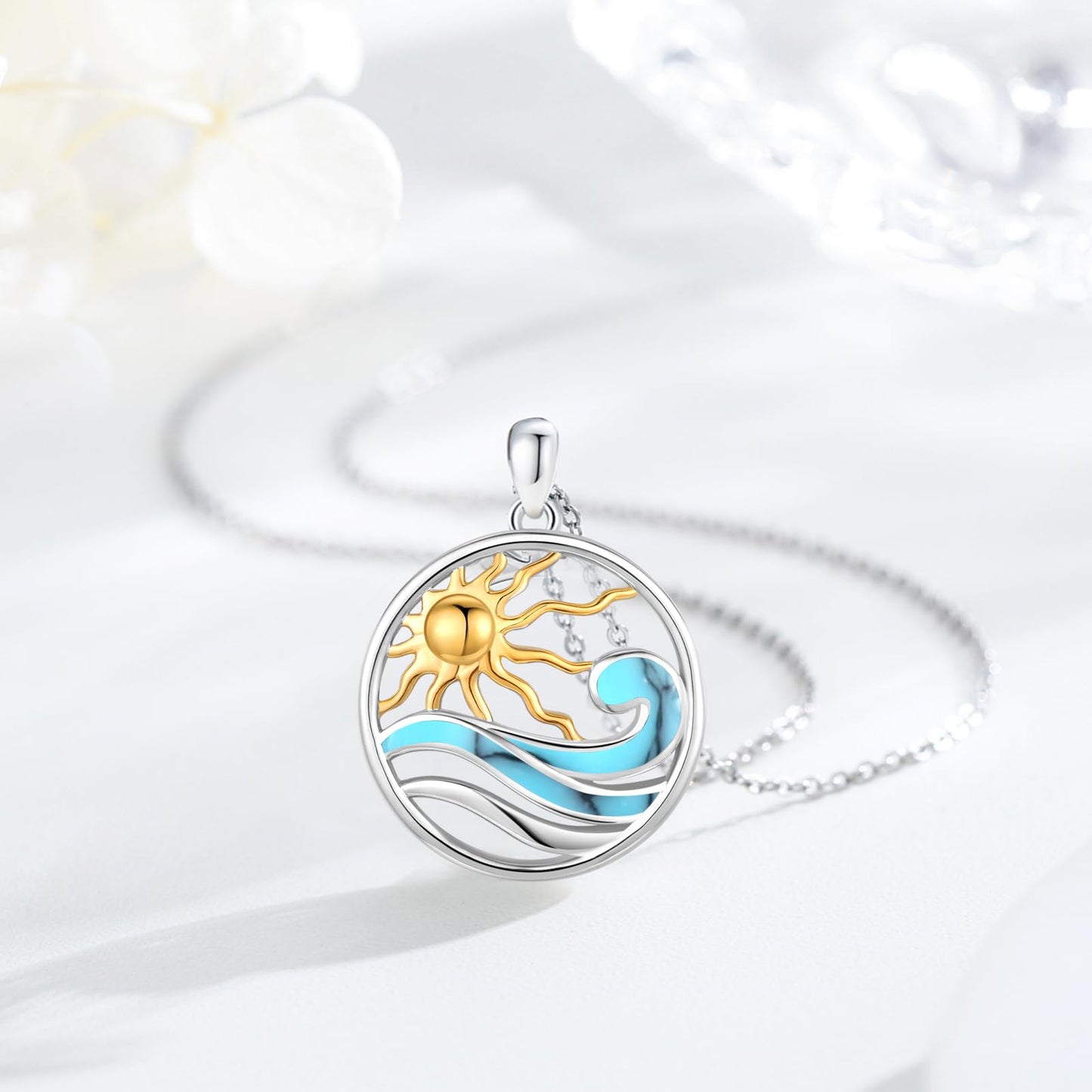 Midir&Etain Ocean Wave Necklace 925 Sterling Silver Sunburst Gold Sun Necklace Sea Surf Necklace Beach Themed Gifts Ocean Jewelry for Women Prime