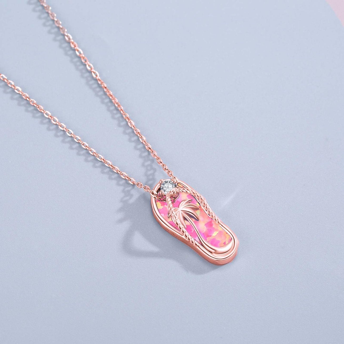 Midir&Etain Pink Opal Flip Flop Necklace 925 Sterling Silver Rose Gold Plated Palm Tree Pendant Beach Necklace Flip Flop Opal Jewelry for Women