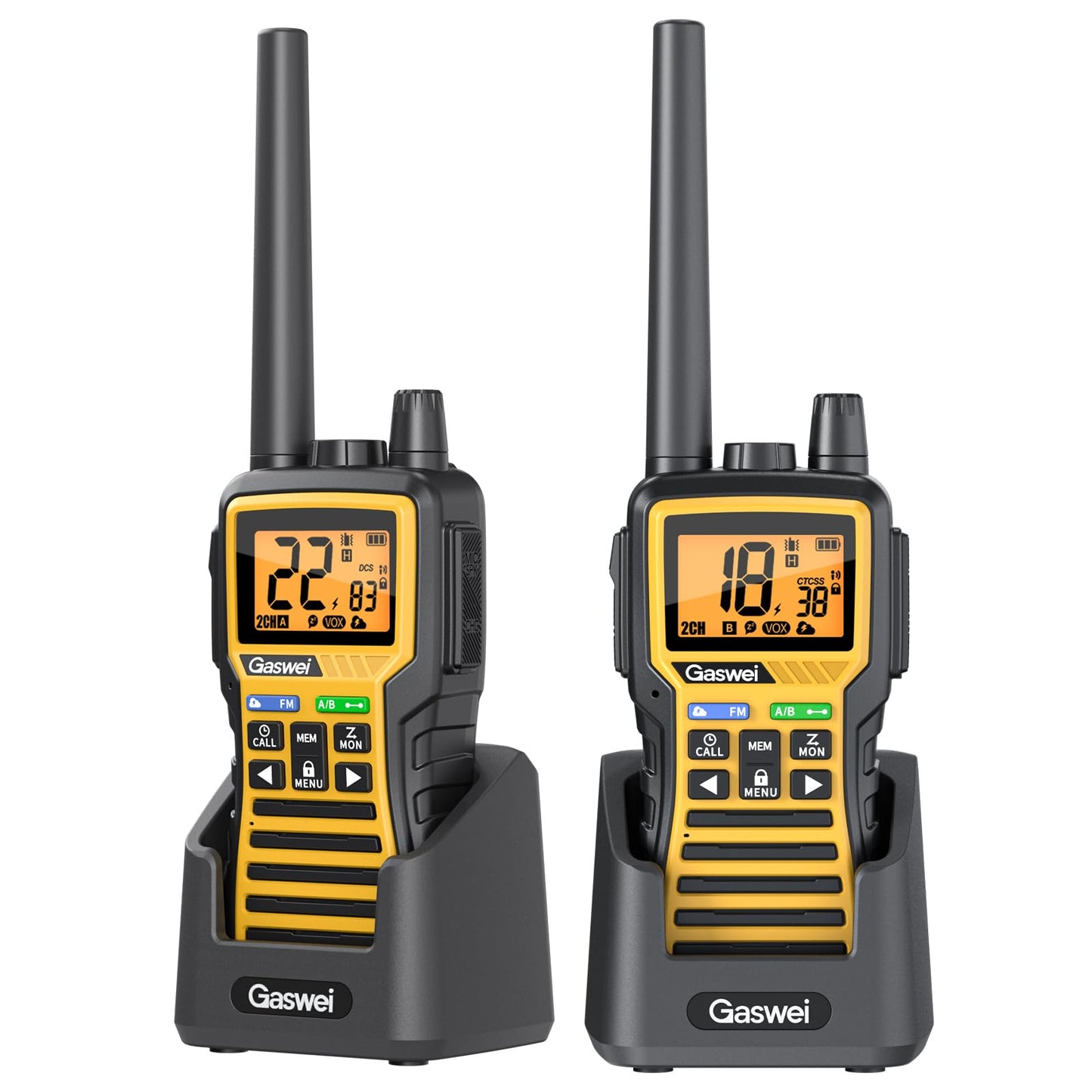 Gaswei GU1 Long Range Walkie Talkies, 2 Way Radio Walkie Talkie with Flashlingts, 60 Channels & 121 Privacy Codes, NOAA Weather Alert, VOX, FM Radio, SOS for Job Site, Hiking, Camping (Yellow)