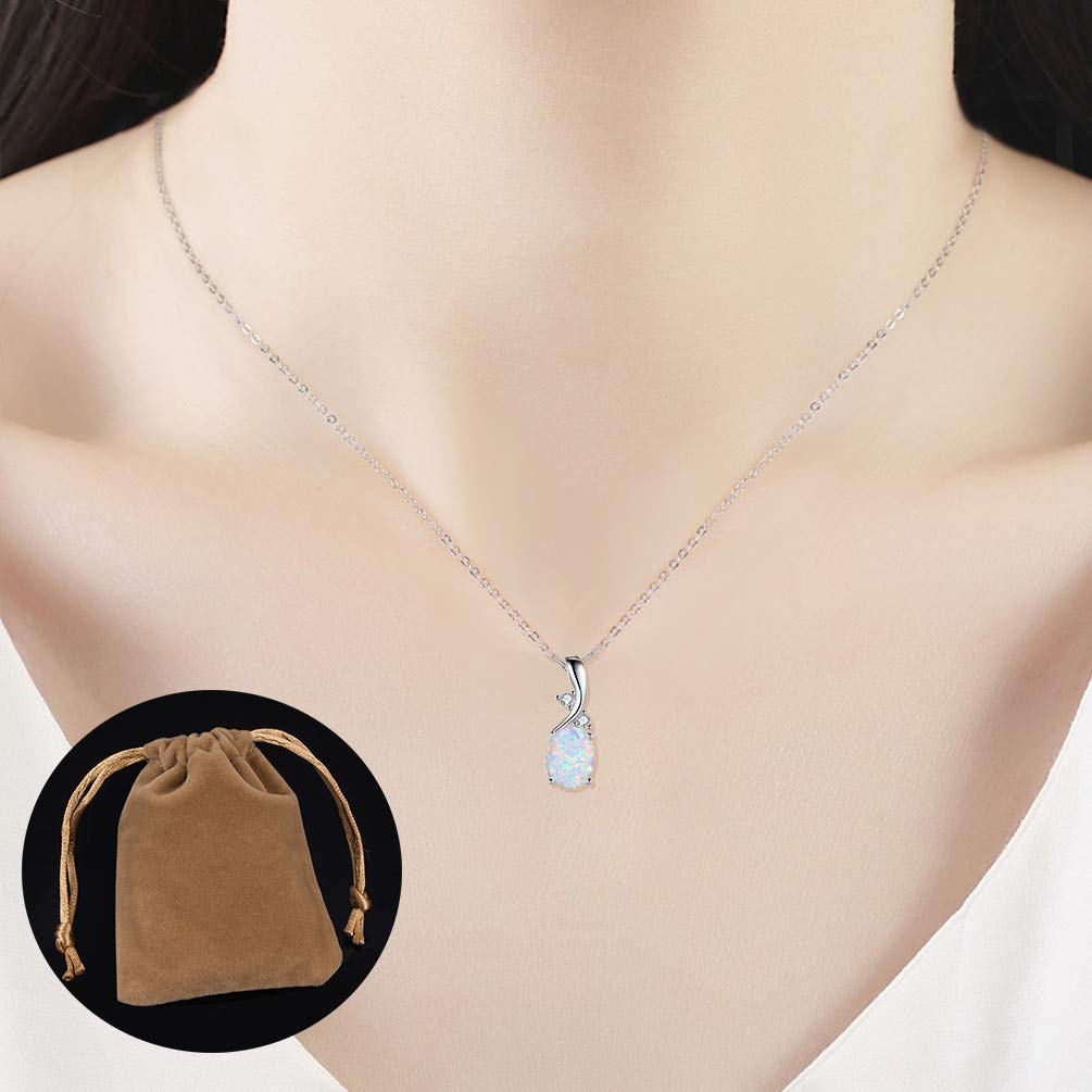 VOLUKA Oval White Opal Pendant Necklace 18K White Gold Plated 7x9mm Birthstone Best Friend 17.5 Inch OPALTOP