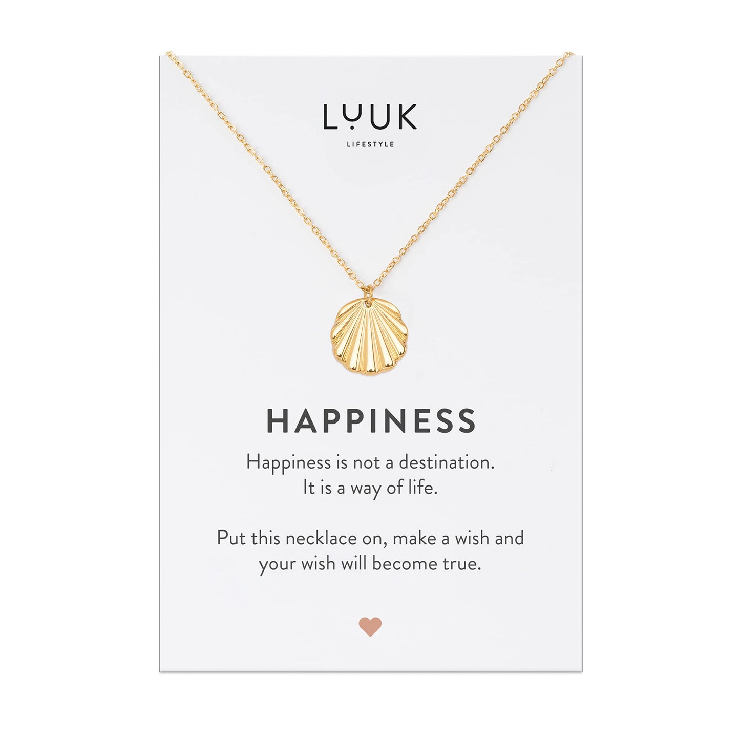 LUUK LIFESTYLE Stainless steel necklace for women with shell pendant and HAPPINESS gift card, lucky charm, jewellery, beauty symbol, 19” adjustable chain length, trendy fashion accessory, gold