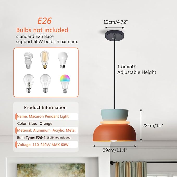 Mid Century Modern Ceiling Pendant Light, Orange Navy 2 Colors Barn Macaron Shade, Aluminum Nordic Modern Pendant Light Fixture, Colorful Chandelier Pendant Lights for Kids Room