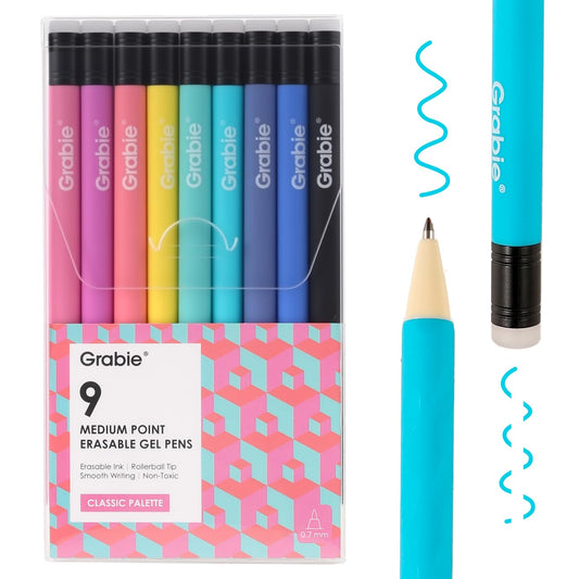Grabie Erasable Gel Pens, Medium Point 0.7 mm Erasable Pens, Make Mistakes Disappear for Drawing Writing Planner, Pack of 9 Assorted Colors