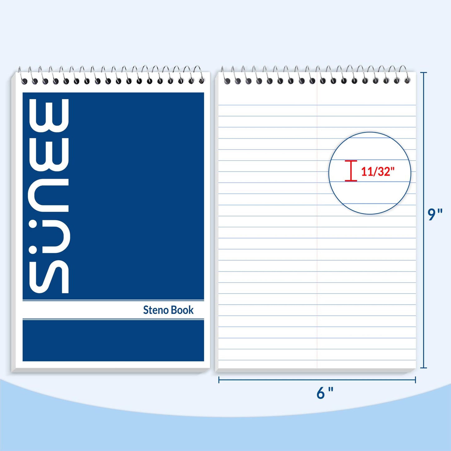 SUNEE 10 Pack Steno Pads 6x9, Gregg Rule, 60 Sheets, Spiral Notebook 6x9, White Paper, Take Notes with Top Spiral Notebook, for School, University, College, Work, Office, Classic Color