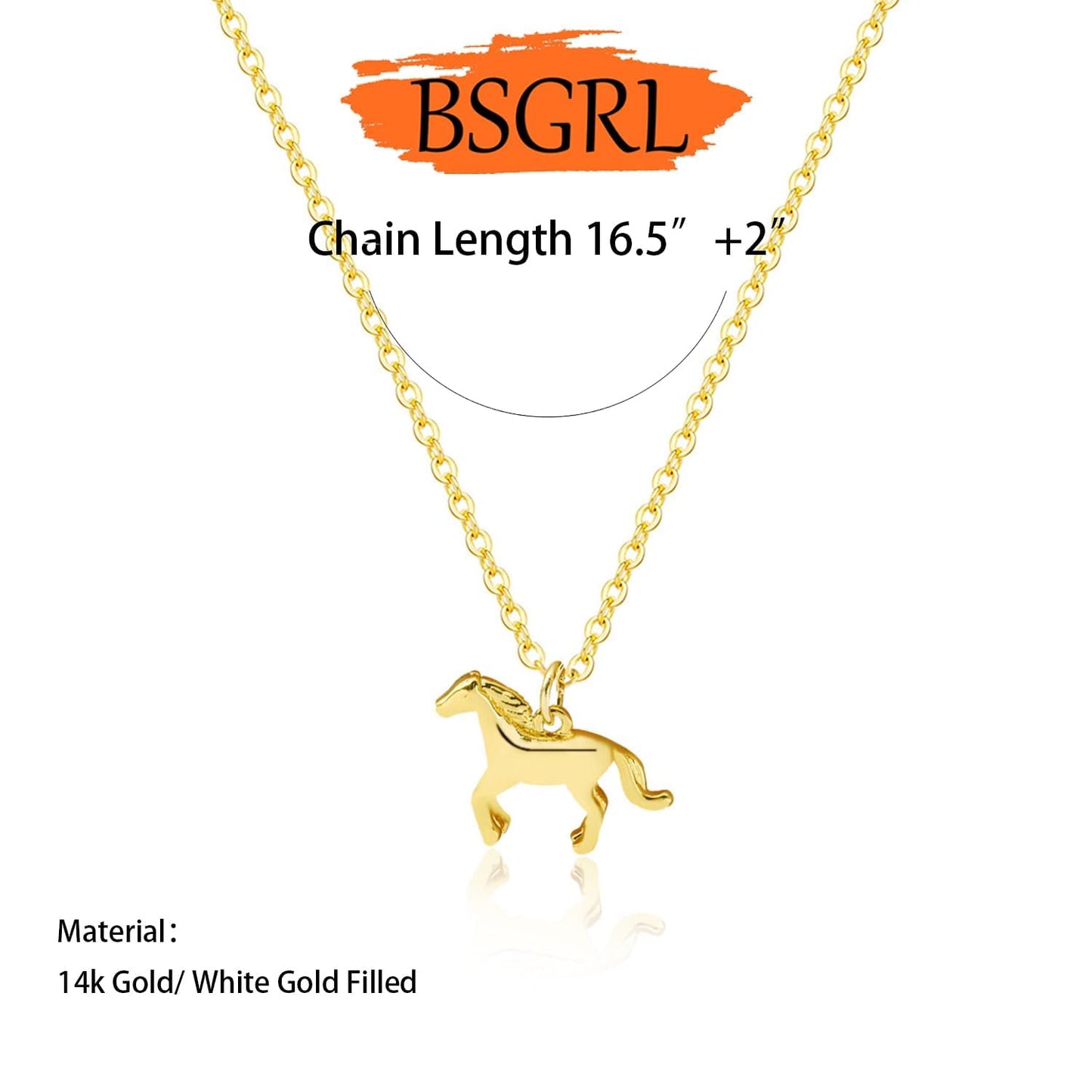 BSGRL Dainty Gold Necklace: 14K Gold Plated Horse Animal Necklace for Women 16.5"+2"