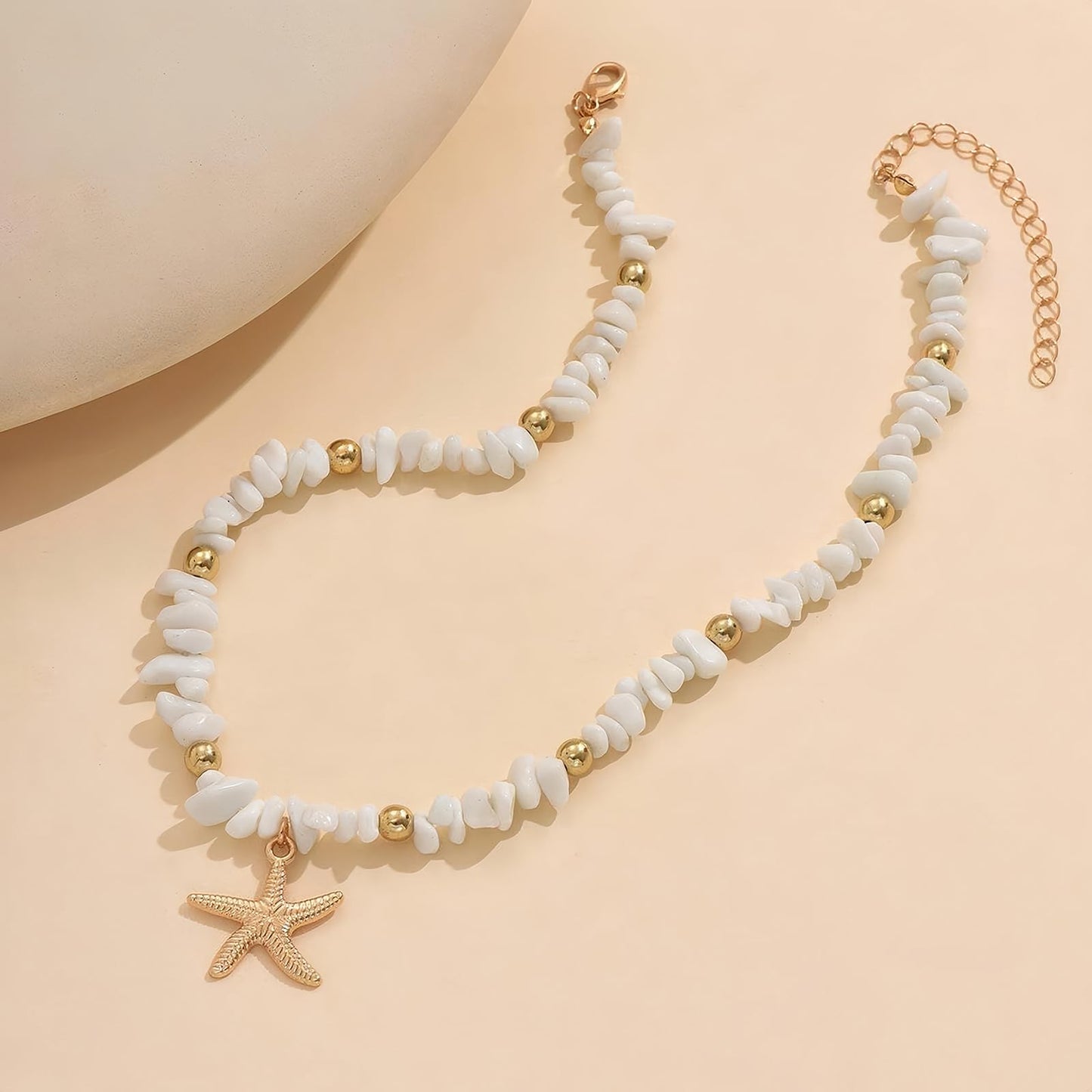 Shell Starfish Necklace for Women, 14k Gold Plated Boho Layered Beaded Charm Pendant Necklace, Dainty Adjustable Pearl Conch Summer Beach Vacation Jewelry Gifts(Crushed)