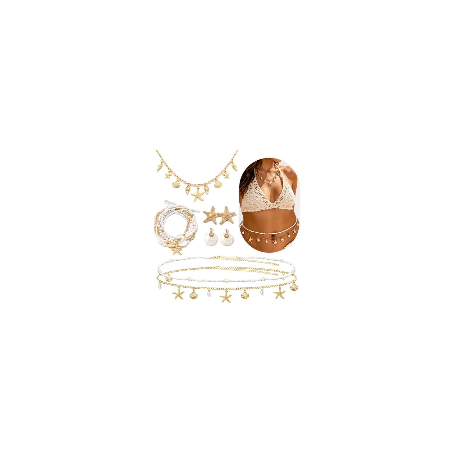 Tiwindx 14 Pcs Seashell Starfish Jewelry Set for Women Stackable Anklets Bracelets Starfish Waist Chain Earrings Necklace Summer Beach Jewelry