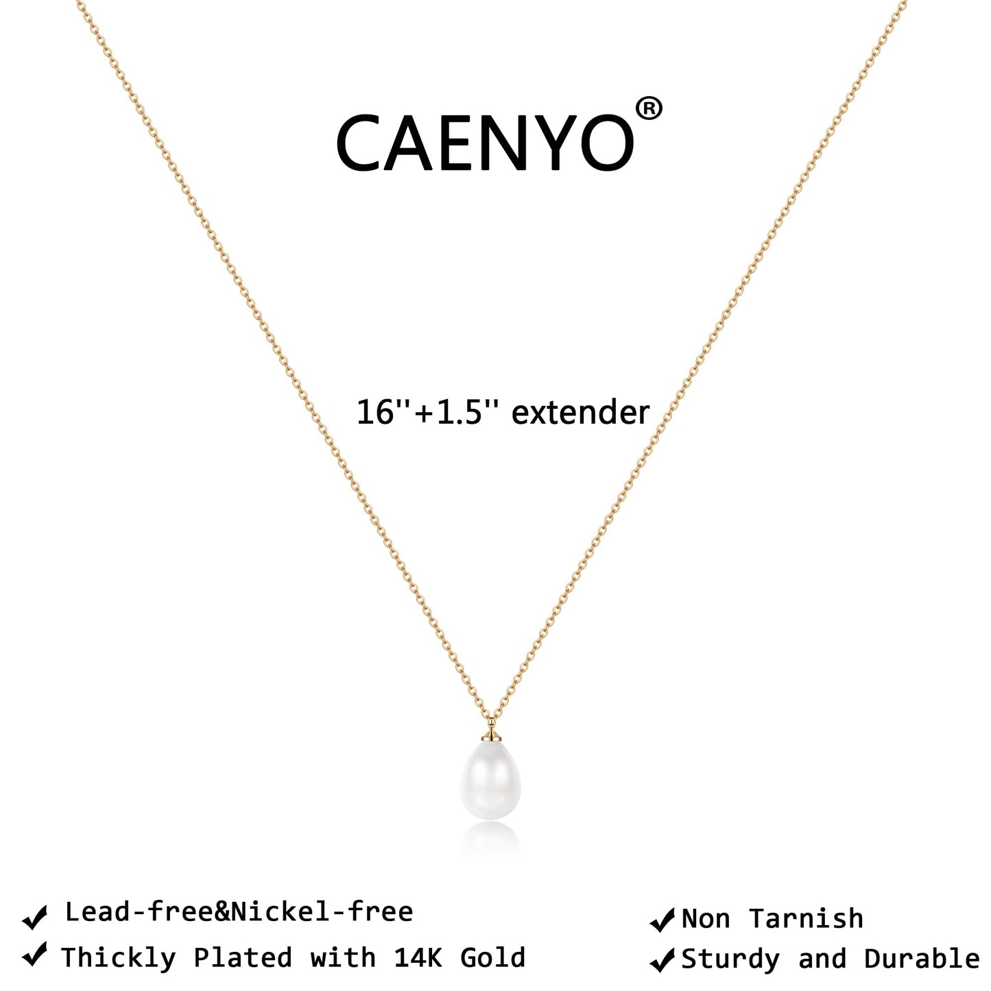 Caenyo 14K Gold Plated Dainty Pearl Necklace for Women, Handmade Single Freshwater Cultured Pearl Pendant Necklace, Minimalist Jewelry Gift for Her, 16+1.5 Inch