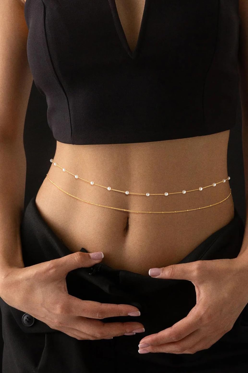 SUFOPE Gold Waist Chain for Women Dainty Pearls Belly Chain Adjustable Layered Bikini Belly Beads for the Waist Waterproof Beach Accessories Body Chain Jewelry Gifts
