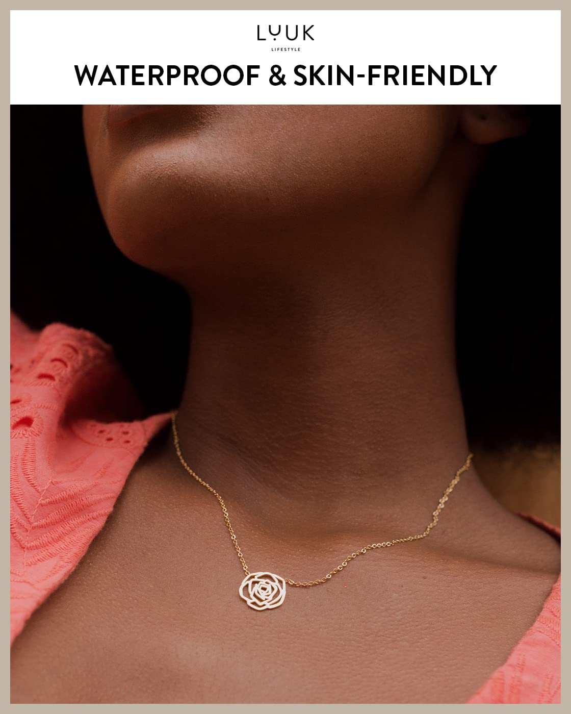 LUUK LIFESTYLE Stainless steel necklace for women with rose flower pendant and HAPPINESS gift card, trendy chic style, modern and minimalist fashion accessory for her, birthday present, gold