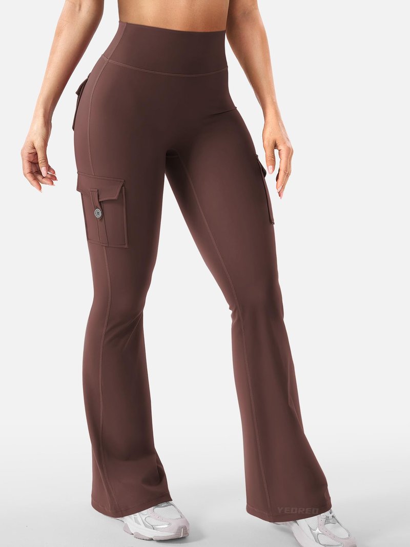 YEOREO CoreFlex Women Workout Flare Leggings with Pockets Hidden Scrunch Cargo Gym Yoga No Front Seam Leggings Chocolate S