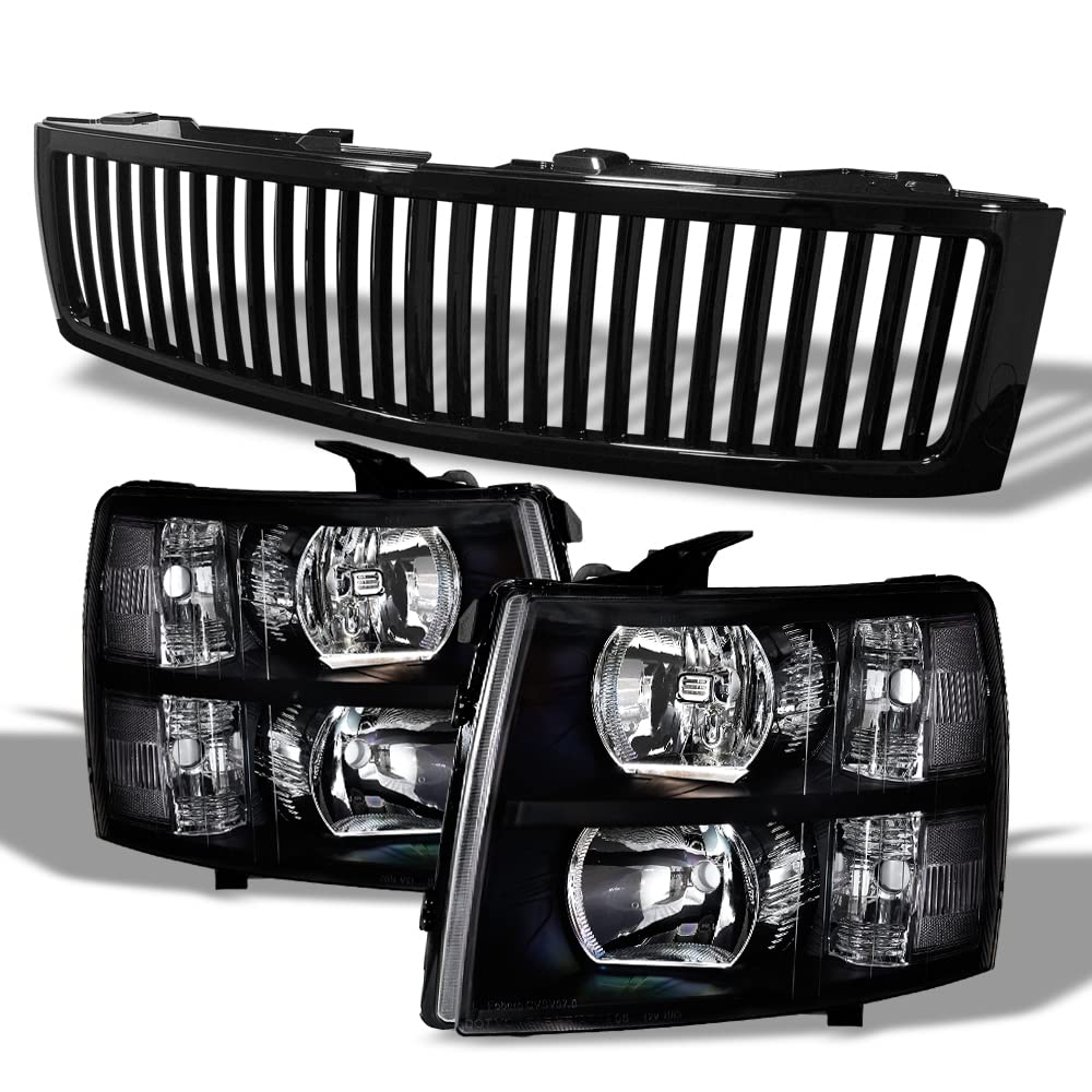 Topline_autopart Black Clear Housing Crystal Headlights Signal Lamps nb + Glossy Black Vertical Front Hood Bumper Grill Grille G