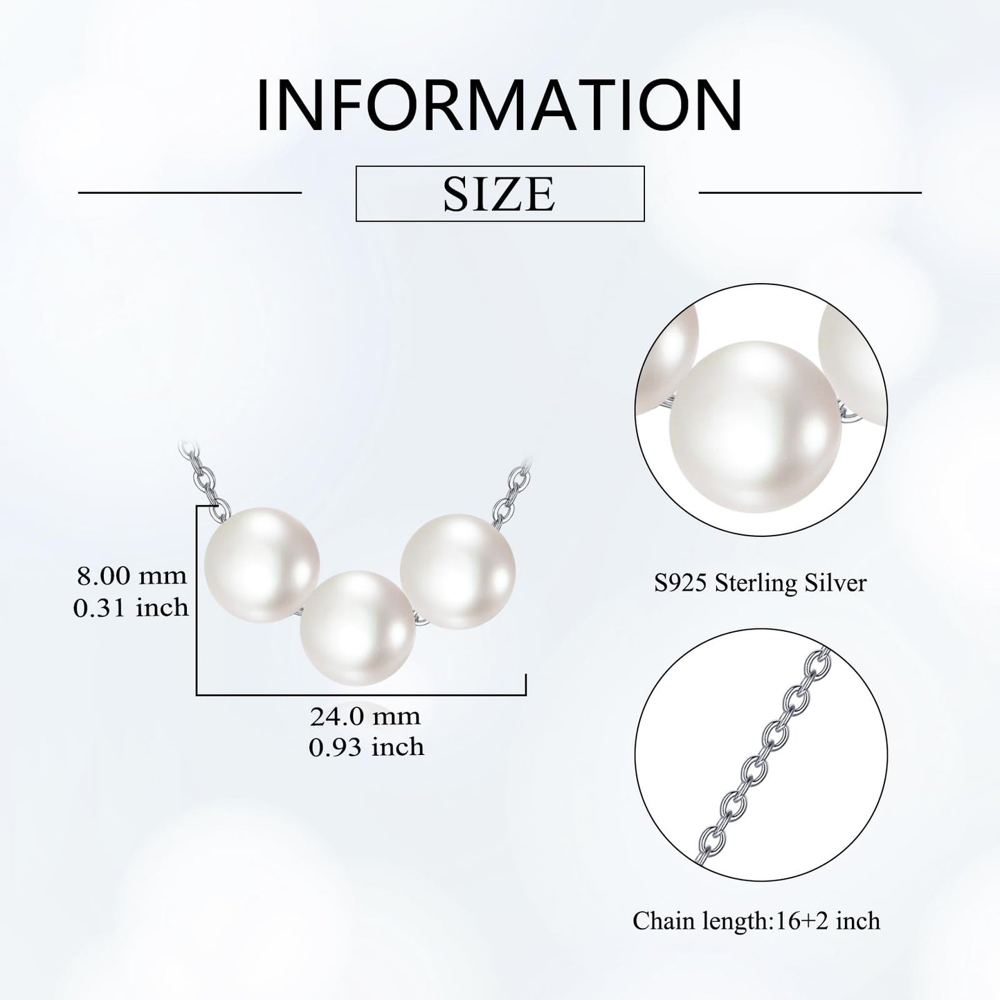 POPLYKE 3 Pearls Necklace Sterling Silver Pearls Choker Necklace for Women 7-8mm Freshwater Cultured Pearls Wedding Bridesmaids Anniversary 16''