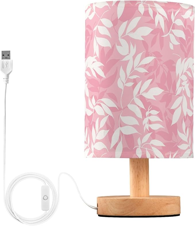 Fustylead Light Pink and White Leaves Bedside Table Lamps with USB Port for Bedroom Lamp Accent Table Lamp Small Nightstand Lamp Sturdy Linen Shade Wooden Decorative Lamps for Kids|Reading|Dorm|Home