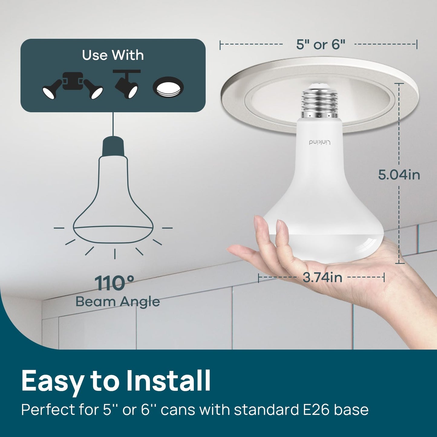 Linkind BR30 LED Flood Light Bulbs Indoor, 65W Equivalent Dimmable LED Recessed Bulbs, 10W 850 Lumens, 4000K Cool White E26, UL FCC Certified, Recessed Can Light Bulb for Bedroom Bathroom, 12 Packs
