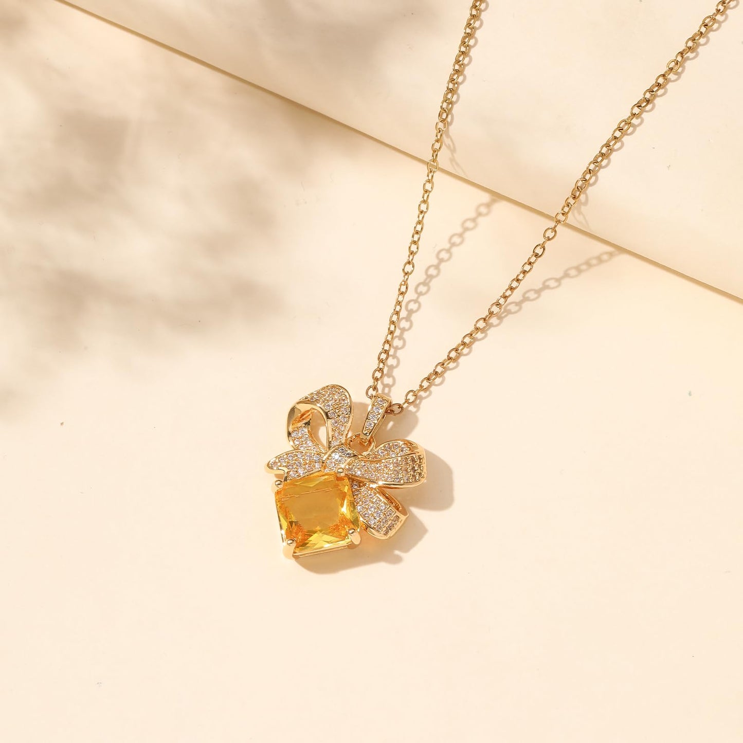 Yellow Square Citrine Bow Necklace for Women-Gold Plated November Birthstone Healing Crystal Vintage Necklace For Valentines Day Mother's Day Christmas Birthday Gifts