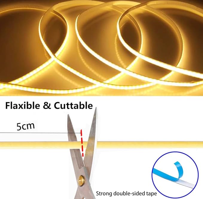 MDee】USB COB Tape Light LED Strip.9.84ft/3m- Flexible 5mm Hidden DC 5V LED Tape with 320 LEDs/m for Warm (2700K) Lighting. Cuttable, Shapeable, USB Powered. Ideal for Kitchen