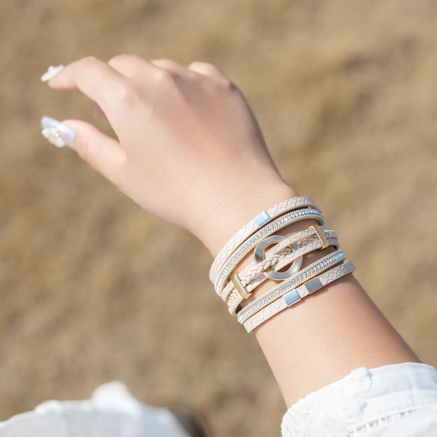 FANCY SHINY Boho Leather Wrap Bracelets Circle Square Bead Braided Handmade Stackable Bracelet Trendy Cuff Bangle for Women(Beige)