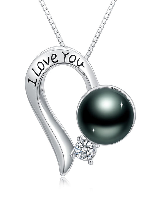 KANNSOAR Tahitian Black Pearl Necklace, 18K Gold Plated, I Love You Heart Pendant 9MM Pearl Jewelry Anniversary Wedding Valentines Day Christmas Mothers Day Gift for Women Girlfriend Wife Mom