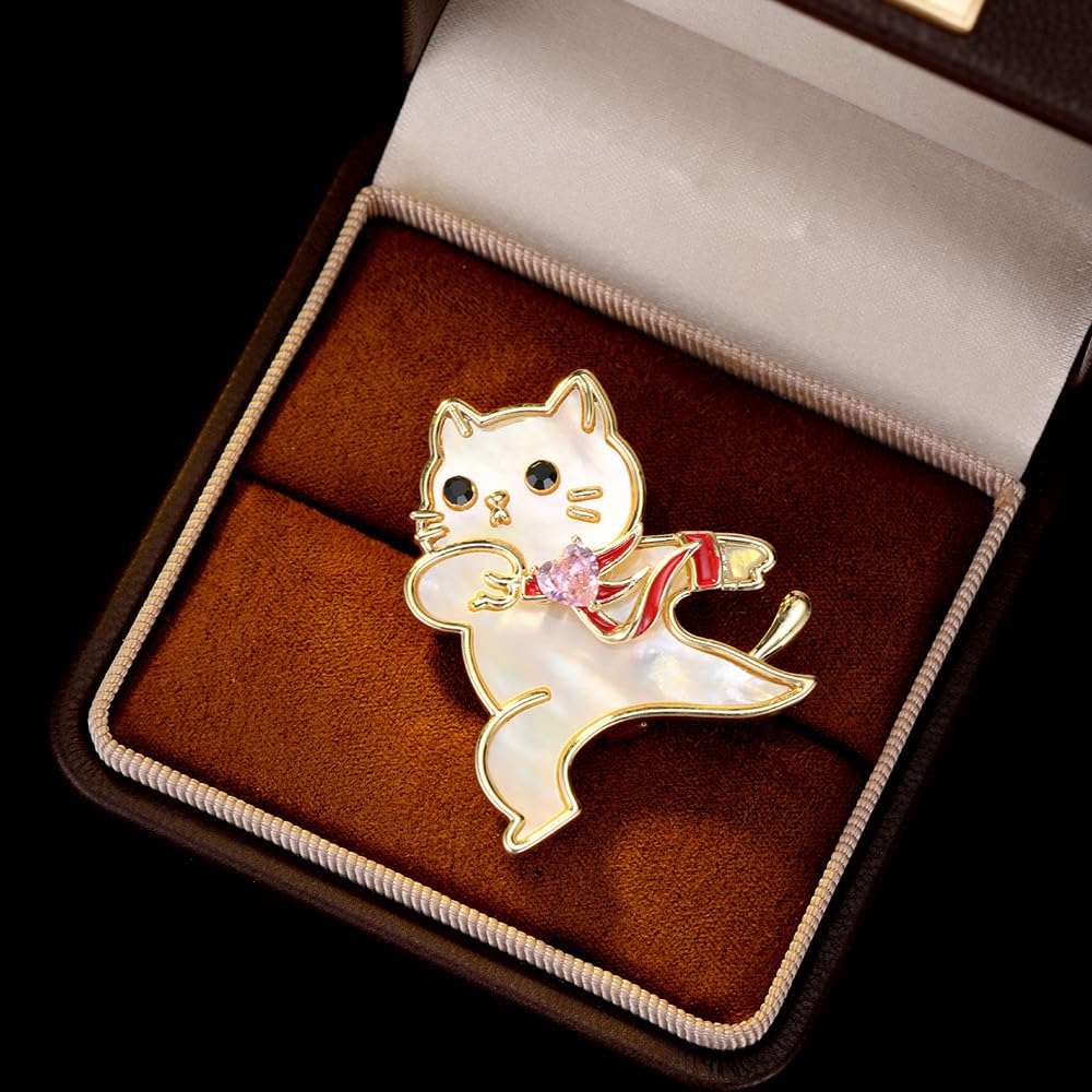 Cat Brooch for Women White Shell Cat Pin Animal Brooch Birthday Holiday Gift for Girlfriend Wife Mother