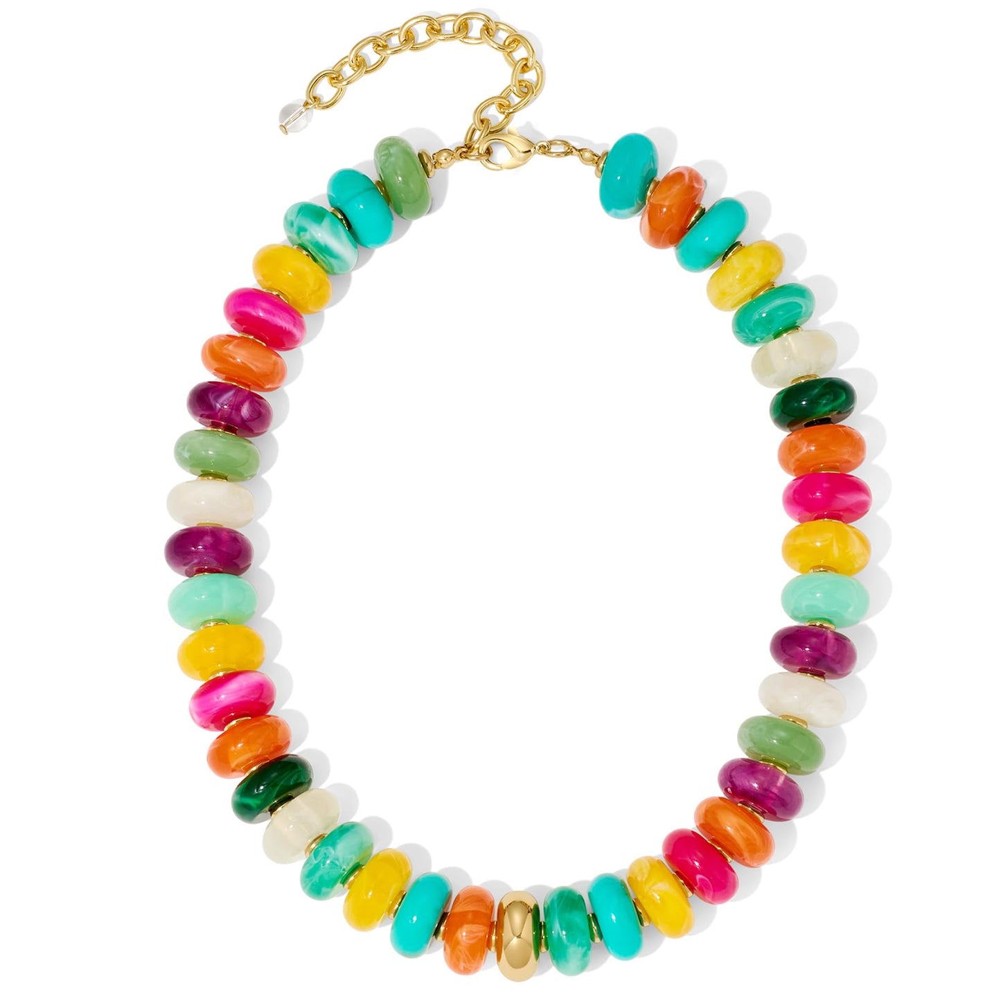 FAUTHENTICUTE Colorful Beaded Necklace for Women Large Flat Round Bead Statement Necklace with Gold Accent Trendy Boho Choker Necklaces Summer Y2K Jewelry Mothers Day Gifts
