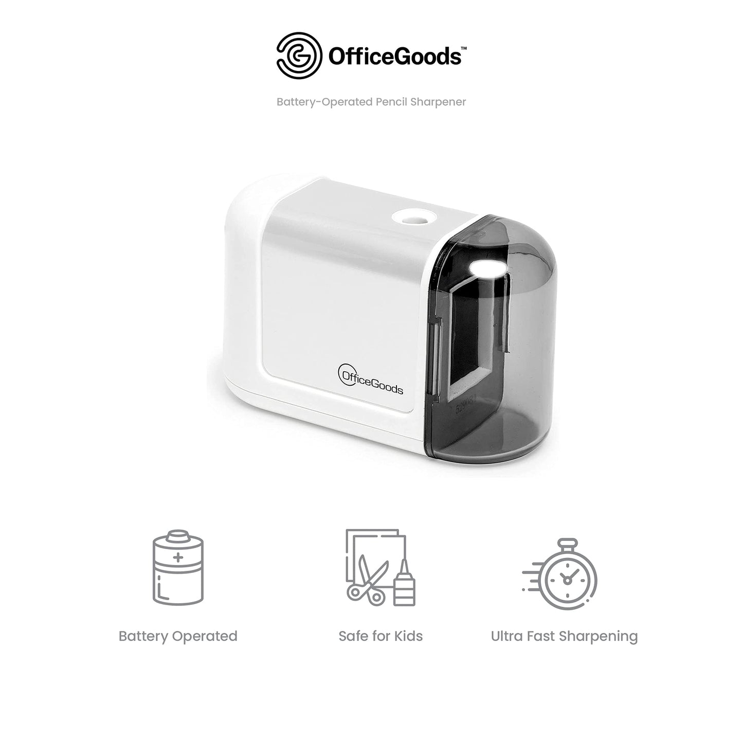 OfficeGoods Mini-Pro Electric Pencil Sharpener - Cordless Portable Sharpener - Battery Operated - Compact & Powerful for Home, Office & School - White