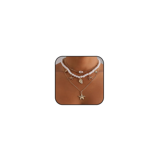 Frodete Starfish Necklace for Women Beach Necklaces Jewelry Layered Choker Drop Dangle Summer Vacation Outfits Theme Conch Seashell Accessories Ocean Pendant Dress Costume