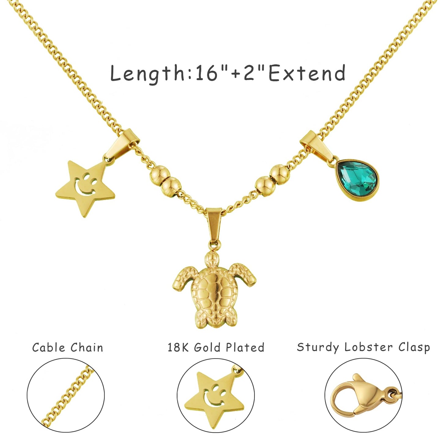 LCTrusttmor Gahna Sea Turtle Necklaces for Women, 18K Gold Plated Slime Star Charm with Adjustable Chain Link for Women, Summer Beach Jewelry Gifts
