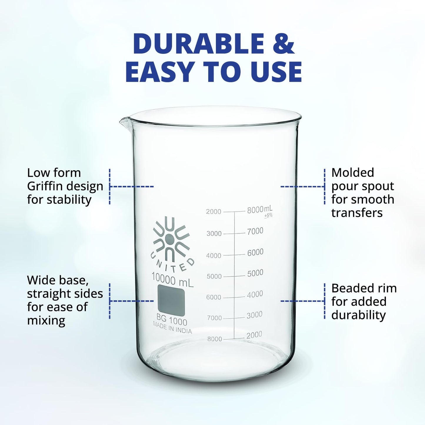 United Scientific™ Glass Beaker 5000mL, Low Form Griffin 3.3 Borosilicate, Double Scale Graduated Lab Beaker, ASTM-E960 Autoclavable Chemistry Glassware for Research, Educators, 1 Each