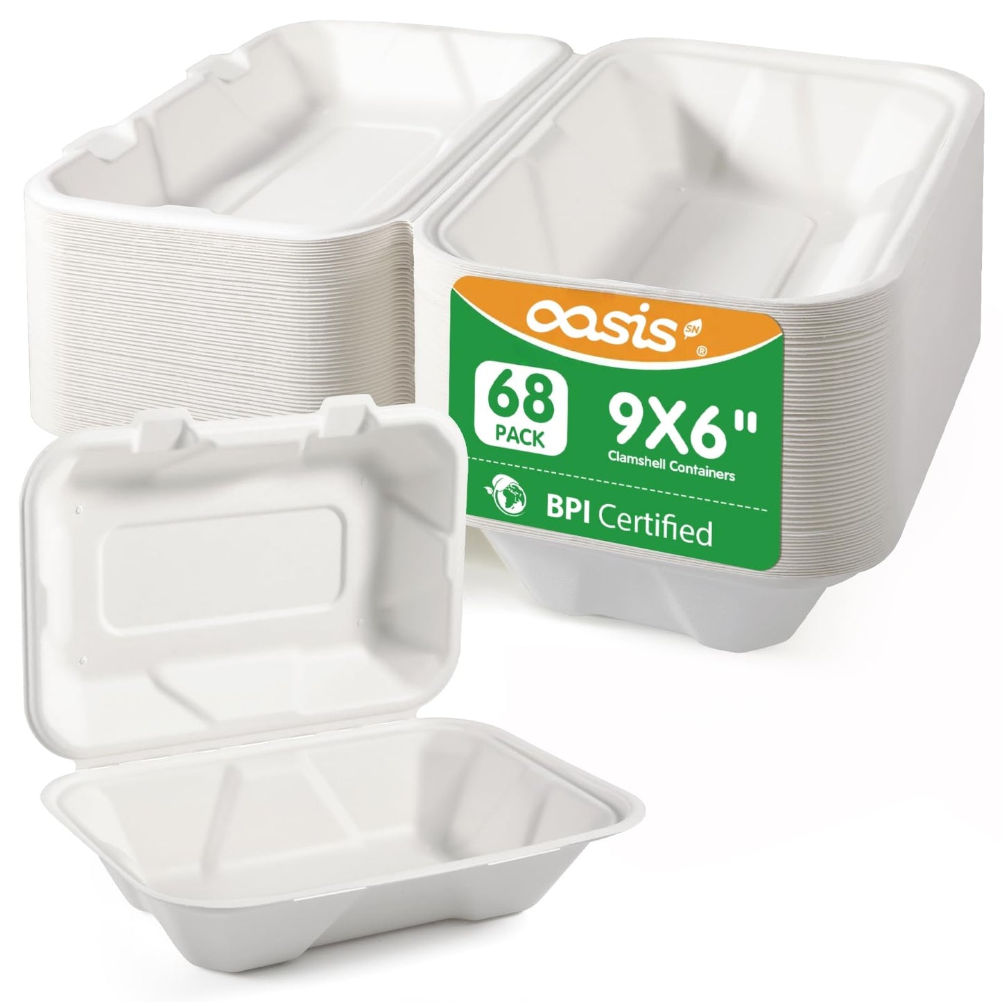 OasisSN 𝟵𝘅𝟲", 𝟲𝟴-𝗣𝗮𝗰𝗸 Clamshell Take Out Food Containers, Compostable Heavy-Duty Disposable Paper Lunch Boxes，Eco-Friendly Biodegradable To Go Containers For Food(White)