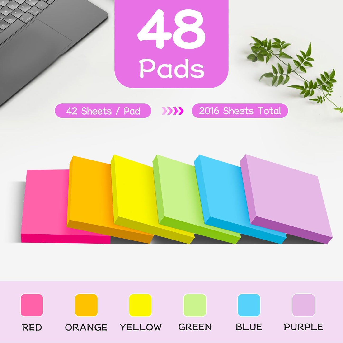 (48 Pads) Sticky Notes 3x3 inch Post, Self-Stick Pads Bright Colors Post Note, Recyclable, Easy to Post for Home, Office, School