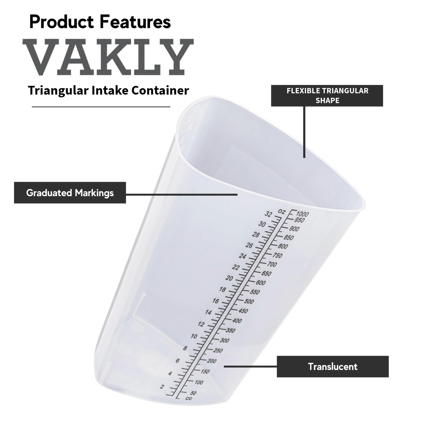 Vakly Graduated Intake Output Container 32 oz (10 Pack) – Plastic Triangular Measuring Beaker with oz & cc Markings for Urine Collection, Mixing, Paint, Epoxy & Lab Use
