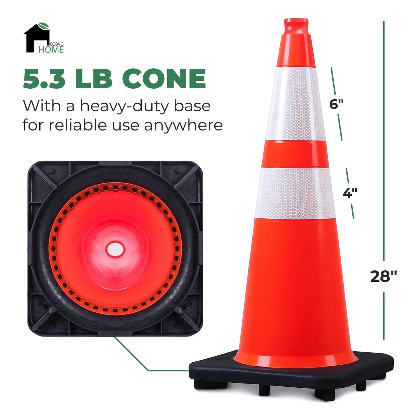 EconoHome 28-Inch Tall, 8-Pack Reflective Traffic Cones - 5.3 lbs Weighted Orange Safety Cones for Parking Lot, Traffic Control, Construction, Road Safety - Heavy Duty Square Base, Flexible PVC