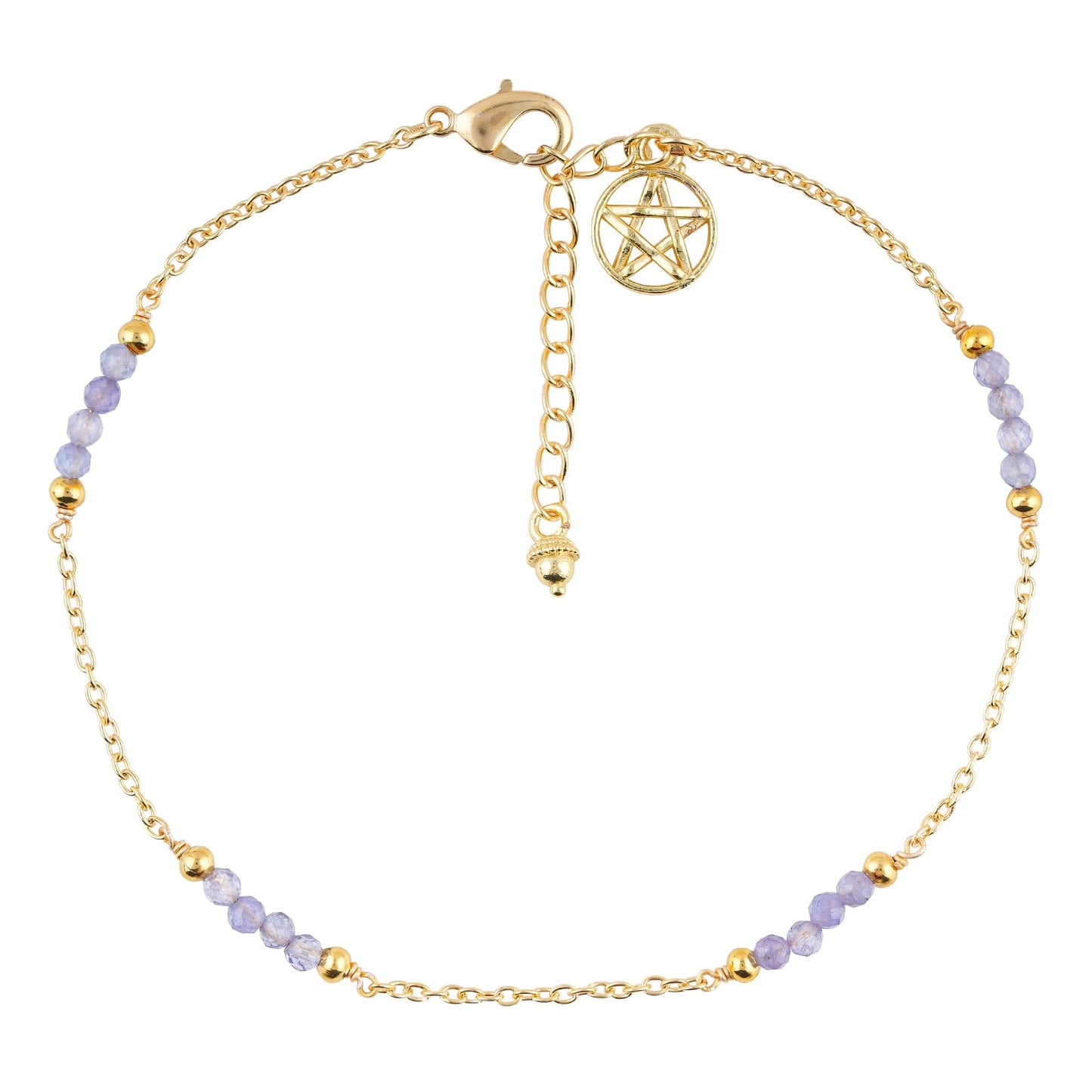 CRYSTALINES Natural Blue Tanzanite Gemstone Beads, Handmade Station Dangle Star Charms Anklet, 14K Gold Plated, Adjustable Fashion Boho Jewelry for Women, Healing Crystals, Christmas Gift