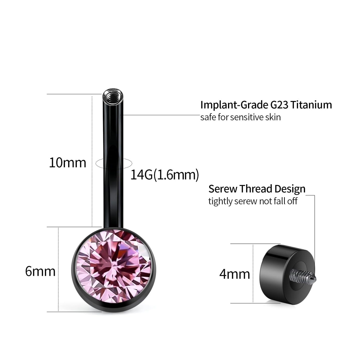 XUU Titanium Belly Button Rings, Black & Silver – 14G Internally Threaded Navel Piercing Jewelry, 10mm & 12mm Curved Barbells with 7 Colors Gems – Hypoallergenic (Black-Pink cz, 10MM)