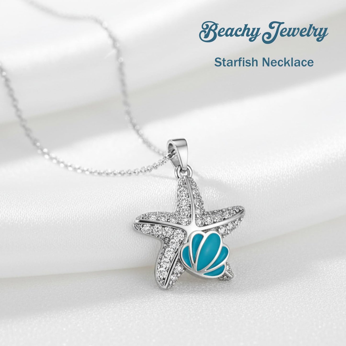 crataly CZ Starfish Necklace For Women-Silver Plated Ocean Blue Enamel Seashell Necklace For Valentines Day Mother's Day Christmas Birthday Gifts