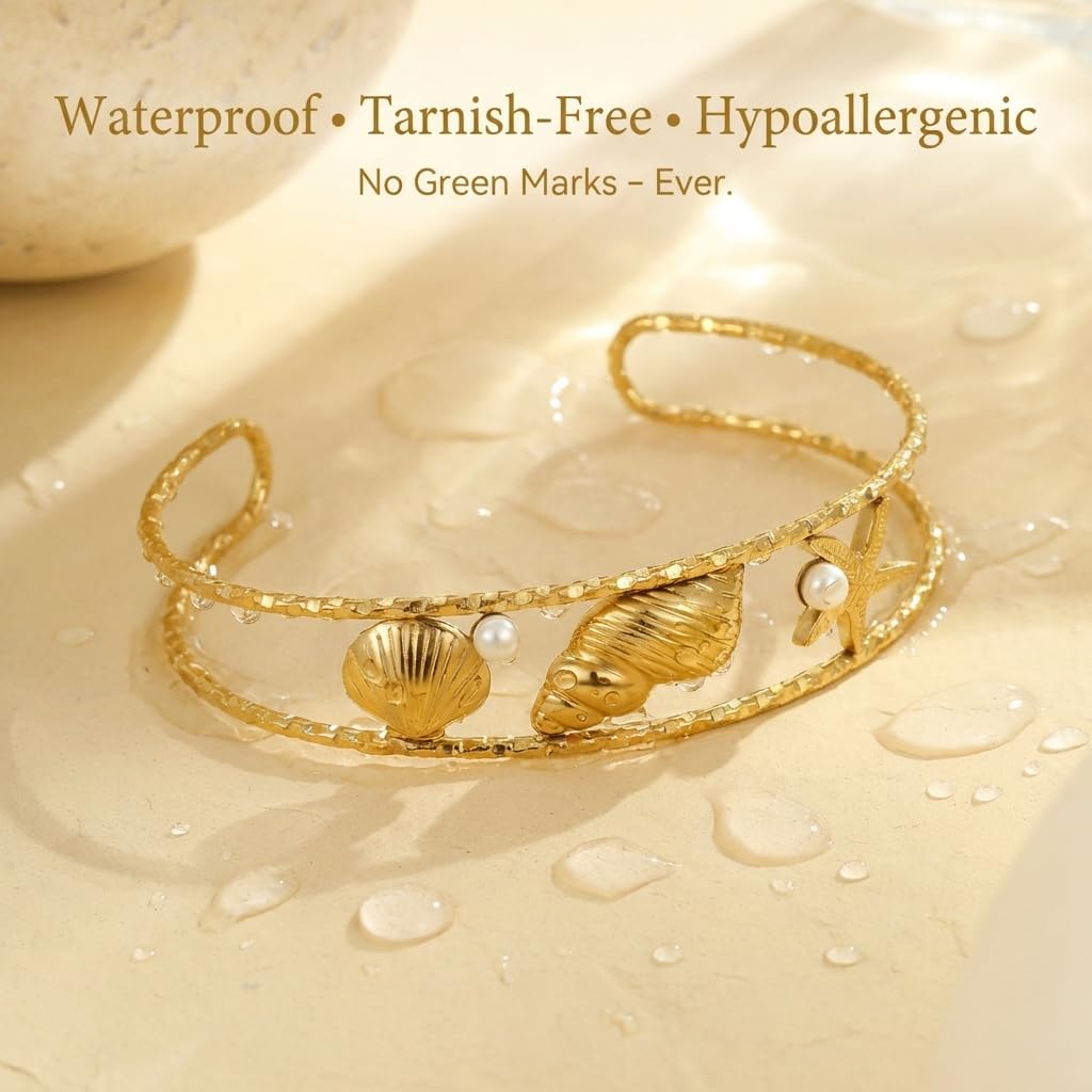 MystiGlimmer Starfish Open Cuff Bracelet for Women 18K Gold Plated Stainless Steel, Adjustable Ocean-Inspired Arm Cuff, Waterproof, Hypoallergenic Beach Jewelry Gift