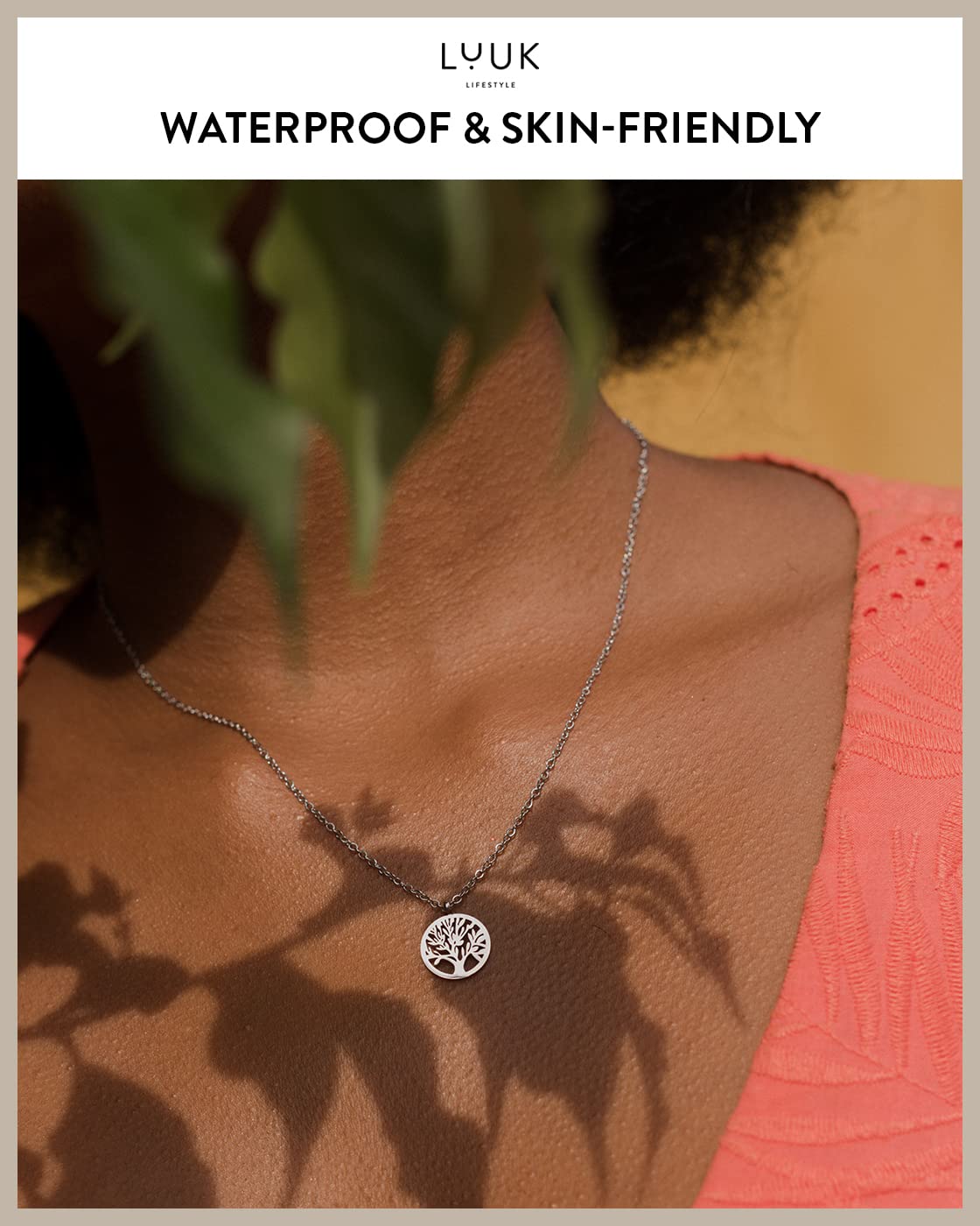 LUUK LIFESTYLE Feminine necklace in stainless steel with Tree of Life pendant and HAPPINESS gift card, trendy jewellery for women, 19” length, nature lovers, meditation zen motif, yoga jewel, silver
