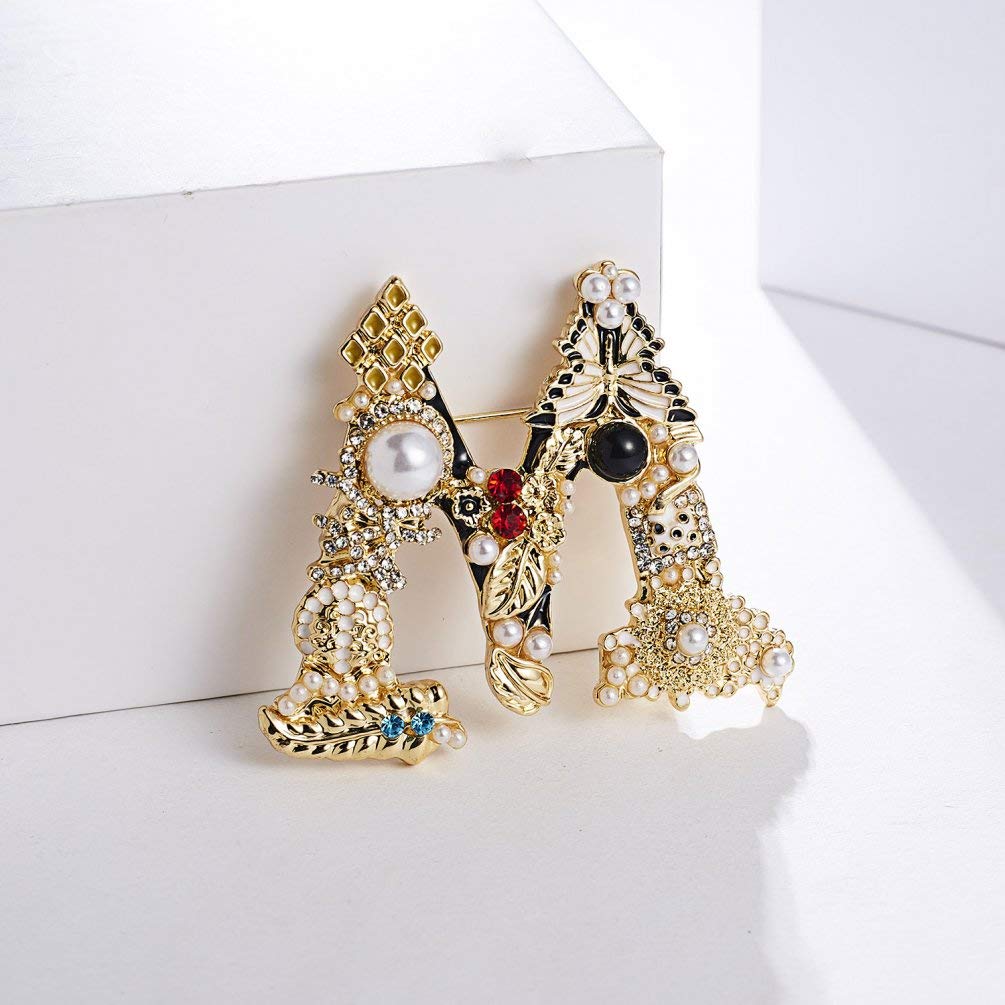 RINHOO Crystal Pearl Initial Brooch Gold Plated Enamel Colorful Letter Alphabet Breastpin Pin Jewelry for GIFTS (Letter -M)