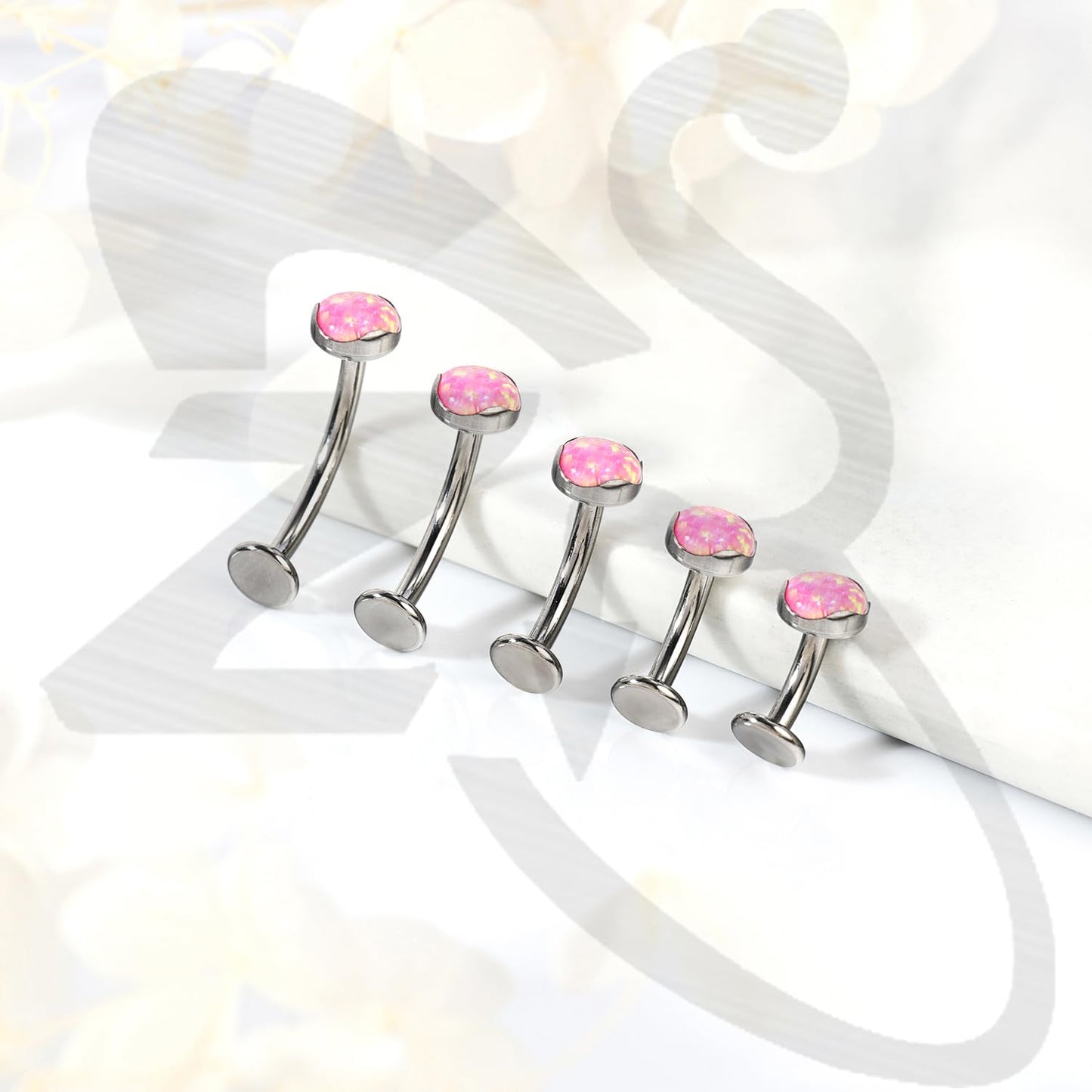 ZS ASTM F136 Titanium Belly Button Ring, 14G Opal Stones Navel Jewelry, 6/8/10/12/14MM Internally Threaded Long Bar Navel Barbell Stud Flat Back Belly Piercing (Pink Opal,L:12mm)