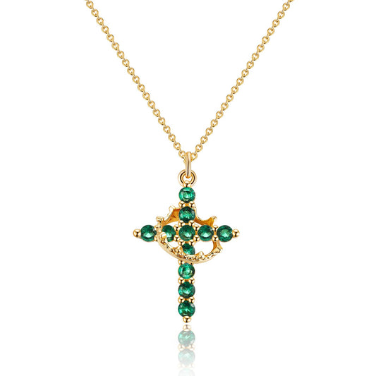 Robaice Birthstone Crown Cross Necklace for Women, Gold-Plated Christian Faith Necklace, Cross Jewelry Gift for Women, May Green Emerald Gift