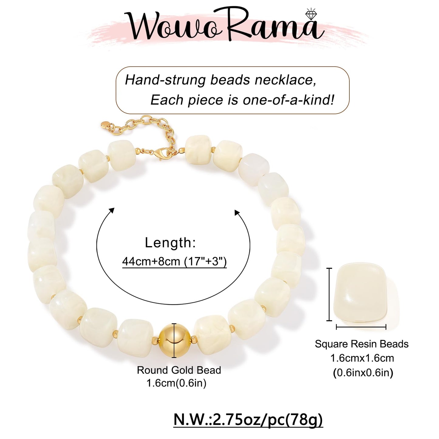 WOWORAMA Chunky Beaded Necklace for Women Trendy Cream White Statement Chunky Necklaces Large Square Resin Beads Choker Necklace Boho Summer Jewelry