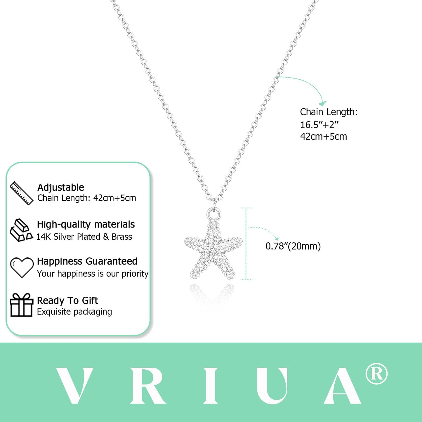 VRIUA Starfish Necklace for Women – 14K White Gold Plated Silver Pendant with Cubic Zirconia – Dainty Ocean Jewelry Gift for Beach Lover