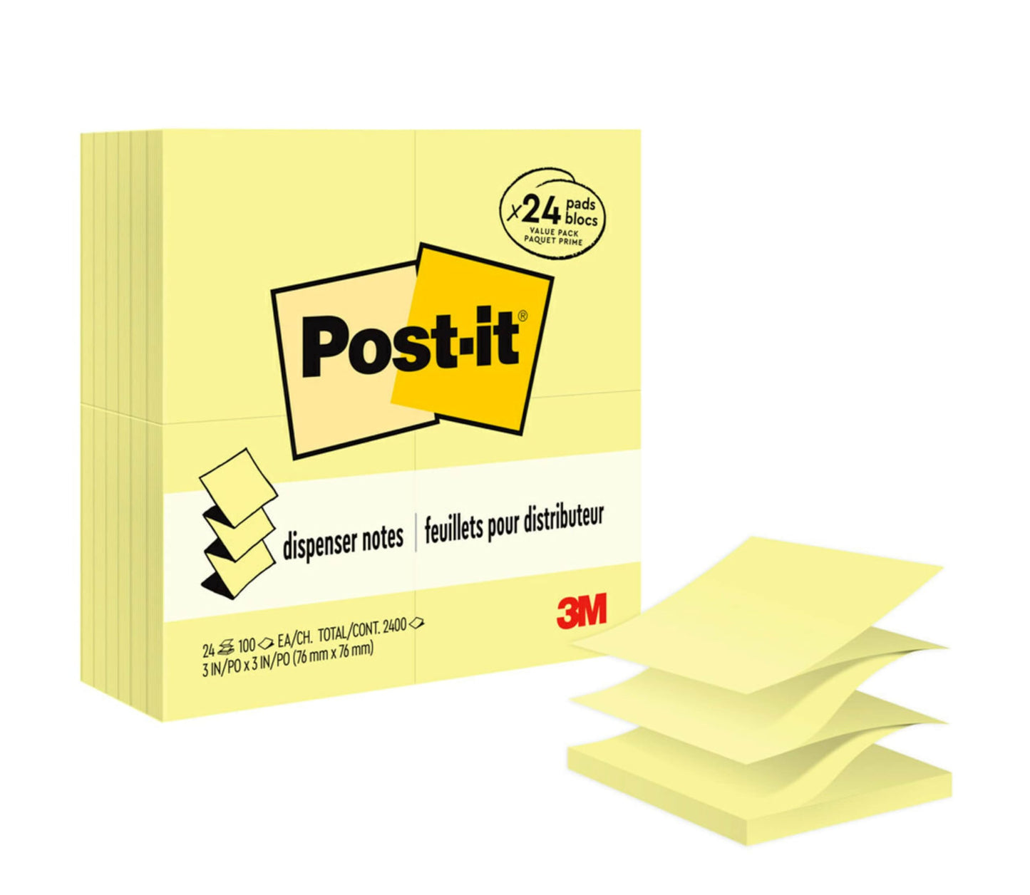 Post-it Dispenser Pop-up Notes, 3x3 in, 24 Pads, Canary Yellow, Clean Removal, Recyclable
