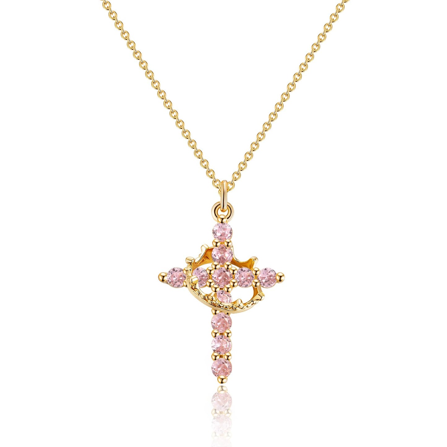 Robaice Birthstone Crown Cross Necklace for Women, Gold-Plated Christian Faith Necklace, Cross Jewelry Gift for Women, October Pink Tourmaline Gift