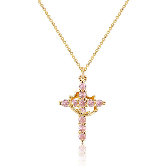 Robaice Birthstone Crown Cross Necklace for Women, Gold-Plated Christian Faith Necklace, Cross Jewelry Gift for Women, October Pink Tourmaline Gift