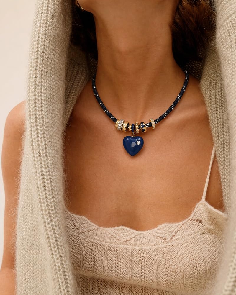 MYCUTEY Navy Blue Heart Necklace for Women Adjustable Blue Cord Choker with Gold Plated Beaded Statement Heart Pendant Rope Charm Necklace Trendy Summer Lapis Lazuli Jewelry Gifts